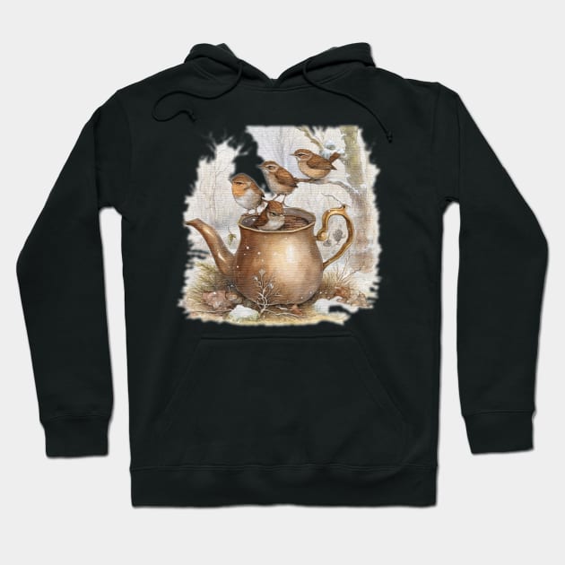 4 wrens sitting and a  tea pot Hoodie by JnS Merch Store